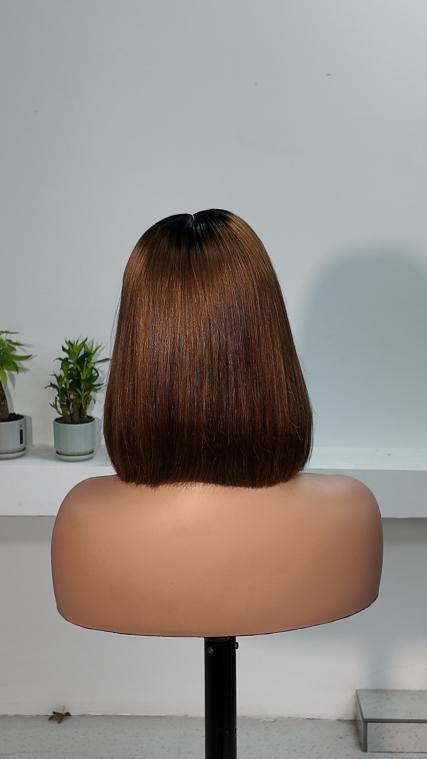 Back view of UNices Hair 10 inch dark root chestnut brown straight bob with bangs human hair wig