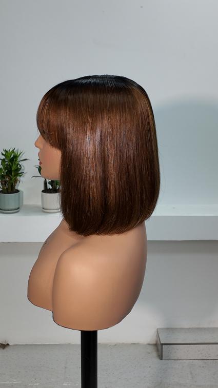 Side view of UNices Hair 10 inch dark root chestnut brown bob with bangs human hair wig