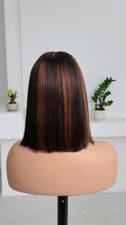 UNices Hair 10 inch chocolate brown bob with cinnamon highlights human hair wig back view