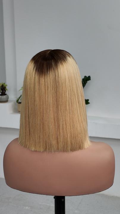 UNices Hair 10 inch dark root blonde straight bob human hair wig back view