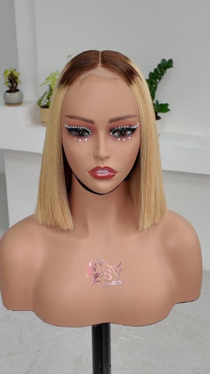 UNices Hair 10 inch dark root blonde straight bob 2x6 lace human hair wig front view
