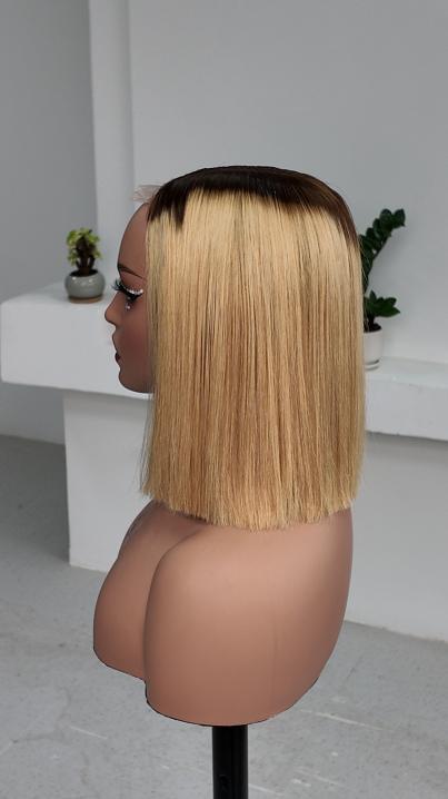 Side view of UNices Hair 10 inch dark root blonde straight bob human hair wig