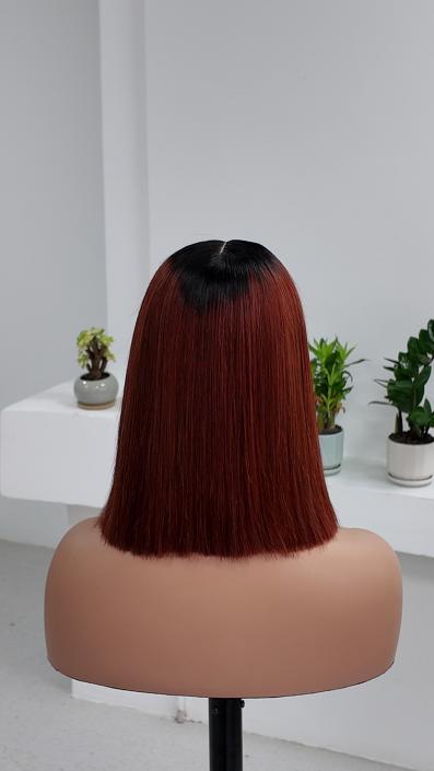 UNices Hair 10 inch dark root burgundy red straight bob human hair wig back view