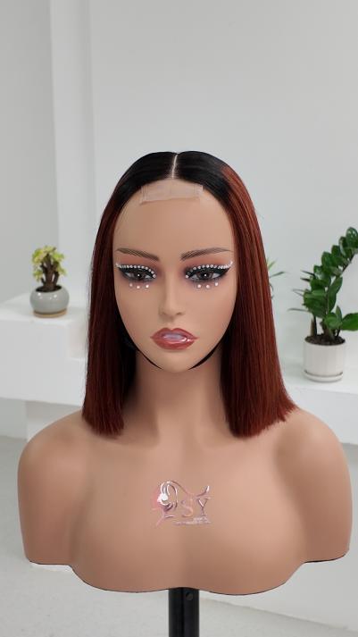 UNices Hair 10 inch dark root burgundy red 2x6 lace human hair bob wig front view