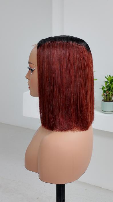 Side view of UNices Hair 10 inch dark root burgundy red straight bob human hair wig