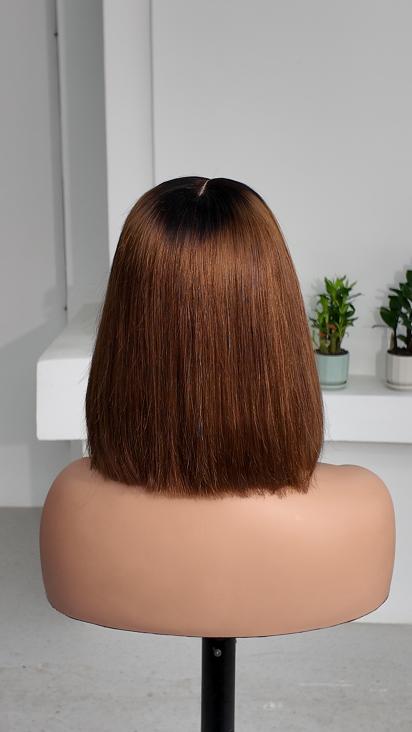 UNices Hair 10 inch dark root chestnut brown straight bob human hair wig back view