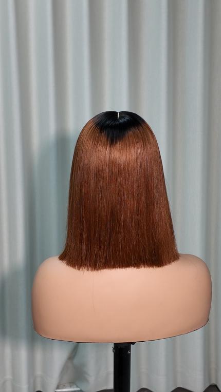 Back view of UNices Hair 10 inch dark root chestnut brown straight bob human hair wig