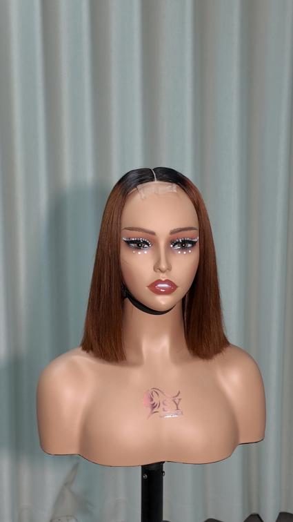 Front view of UNices Hair 10 inch dark root chestnut brown 2x6 lace human hair bob wig