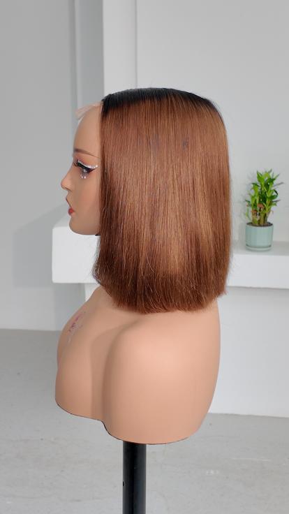Side view of UNices Hair 10 inch dark root chestnut brown straight bob wig