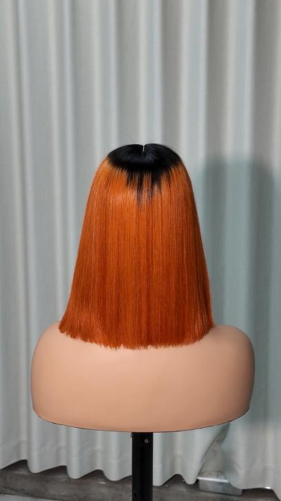 UNices Hair 10 inch dark root ginger orange straight bob human hair wig back view