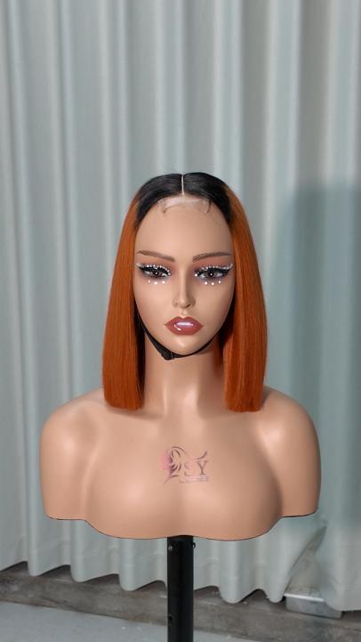 UNices Hair 10 inch dark root ginger orange 2x6 lace human hair bob wig front view