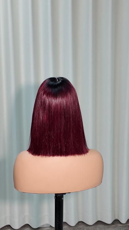 Back view of UNices Hair 10 inch dark root wine red straight bob human hair wig