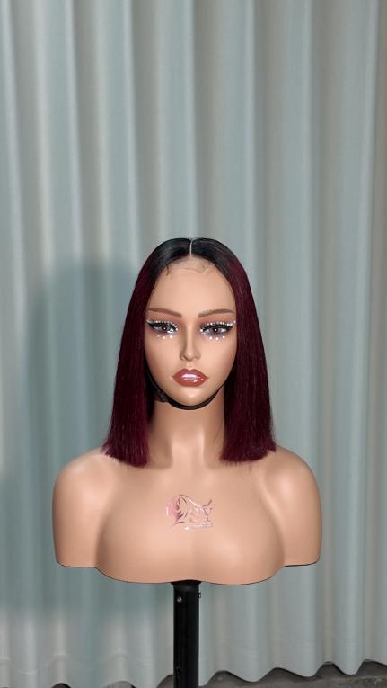 Front view of UNices Hair 10 inch dark root wine red 2x6 lace human hair bob wig