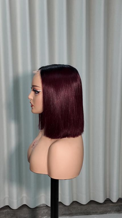 Side view of UNices Hair 10 inch dark root wine red straight bob human hair wig