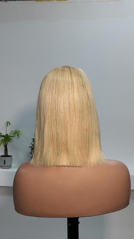 Back view of UNices Hair 10 inch honey blonde straight bob human hair wig
