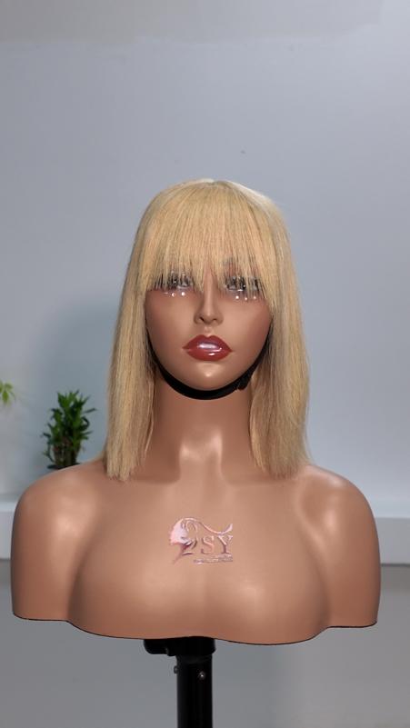 Front view of UNices Hair 10 inch honey blonde bob human hair wig with bangs