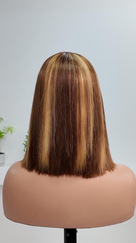 Back view of UNices Hair 10 inch honey blonde highlight straight bob human hair wig