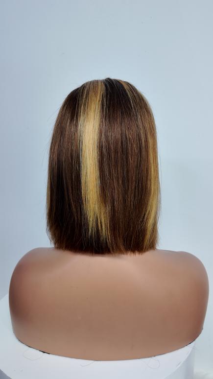 Back view of UNices Hair 10 inch brown and honey blonde highlight bob human hair wig