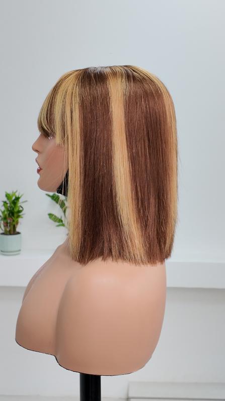Side view of UNices Hair brown and honey blonde highlight straight bob wig with bangs