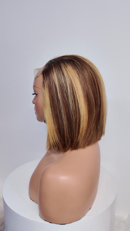 Side view of UNices Hair brown and honey blonde highlight straight bob wig