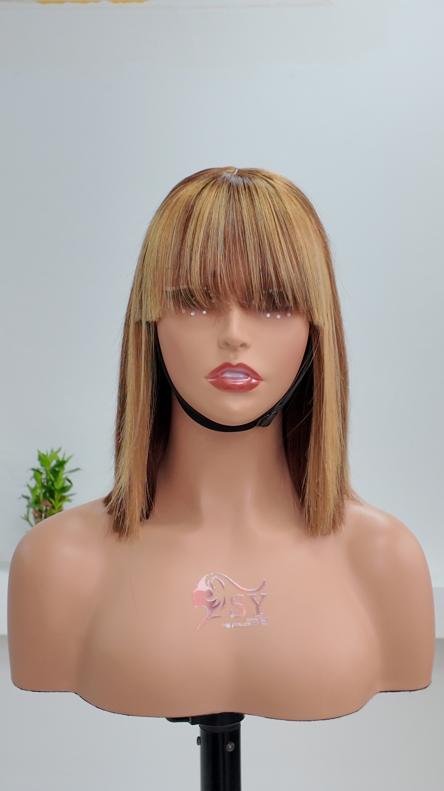 Front view of UNices Hair 10 inch honey blonde highlight bob human hair wig with bangs