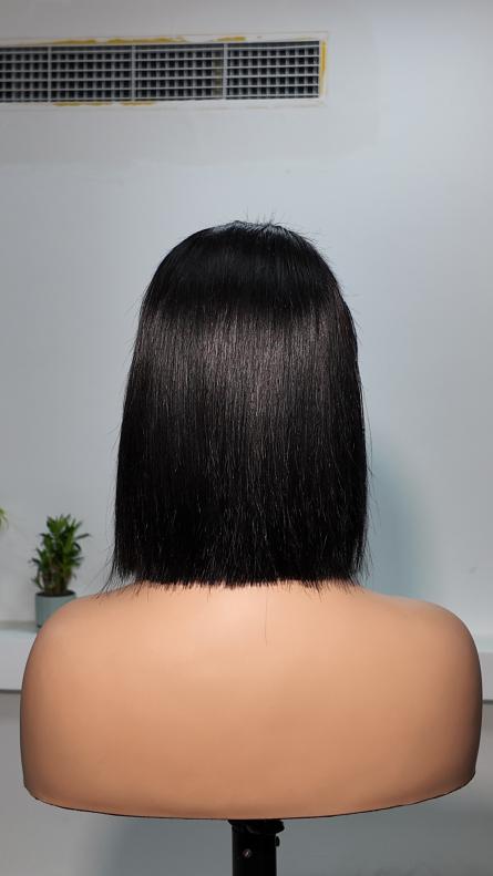 Back view of UNices Hair 10 inch natural black straight bob human hair wig