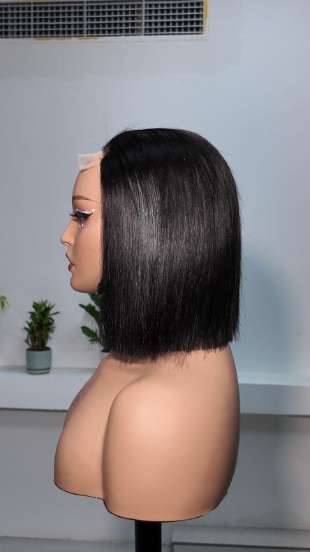 Side view of UNices Hair 10 inch lace front straight bob human hair wig in natural black