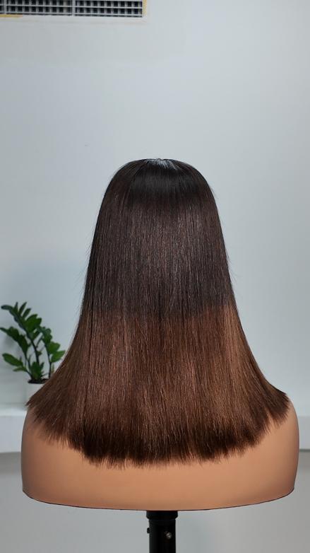 UNices Hair 12-14 Inch 1x3 Lace Brown Ombre Straight Bob Human Hair Wig with Bangs