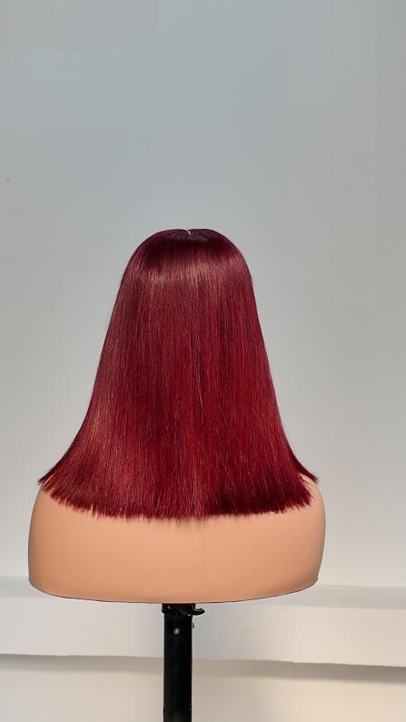 Back view of UNices Hair 12 inch burgundy red straight bob human hair wig