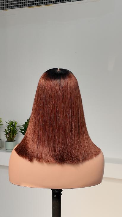 UNices Hair 12 inch dark root chestnut brown straight bob human hair wig back view
