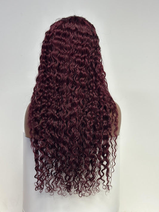 UNices Hair 13x4 lace curly Indian human hair wig burgundy 26 inch back view