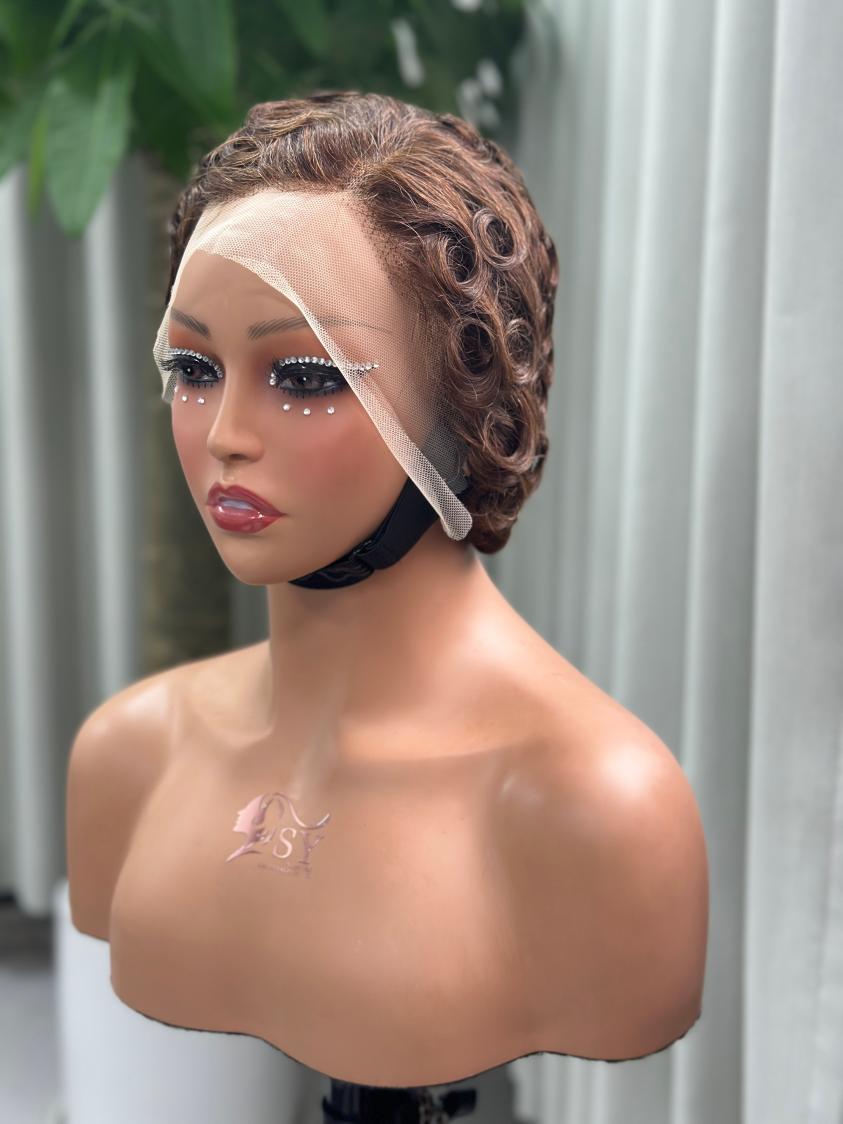 UNices Hair brown highlight 13x4 lace finger wave pixie wig front side view