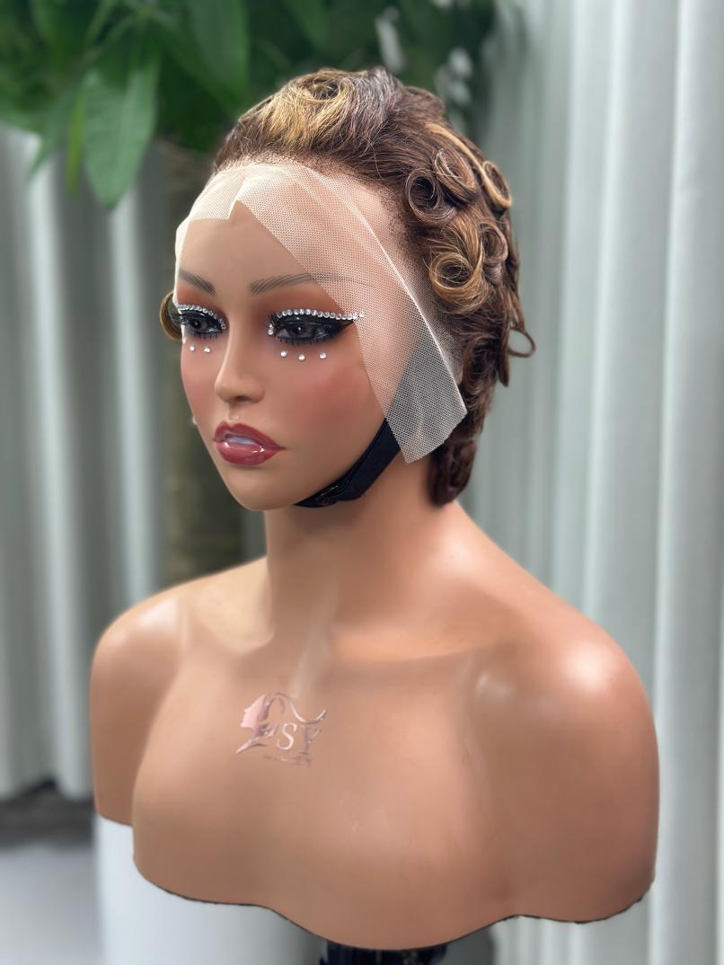 UNices Hair brown highlight 13x4 lace finger wave pixie wig front view