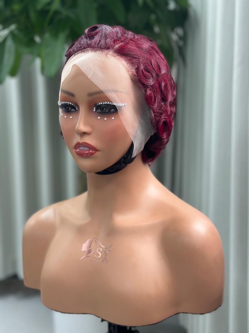 UNices Hair burgundy 13x4 lace finger wave pixie wig front side view