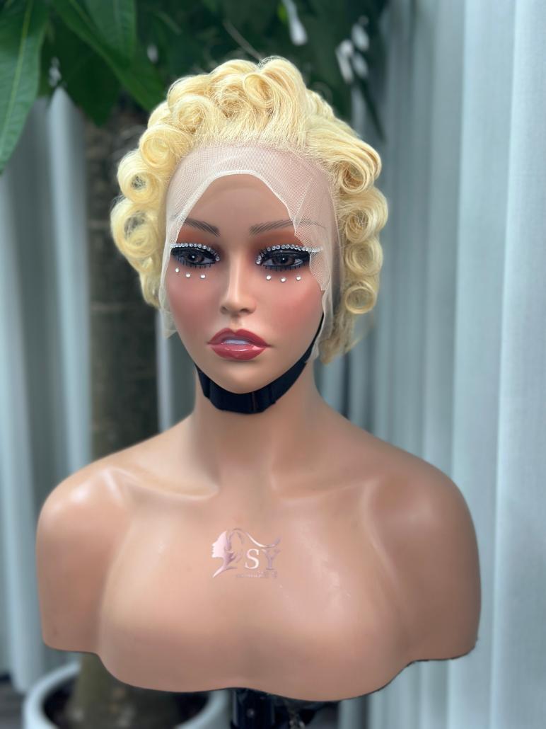 UNices Hair blonde 13x4 lace modeling curly pixie wig front view