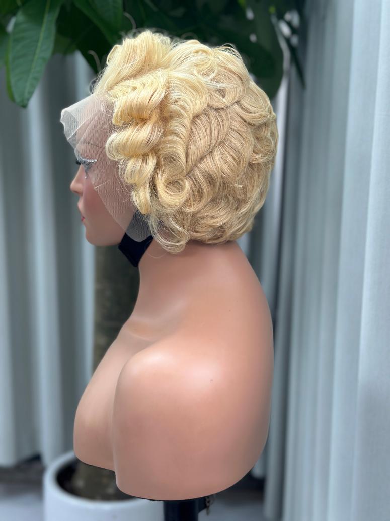UNices Hair blonde 13x4 lace modeling curly pixie wig side view