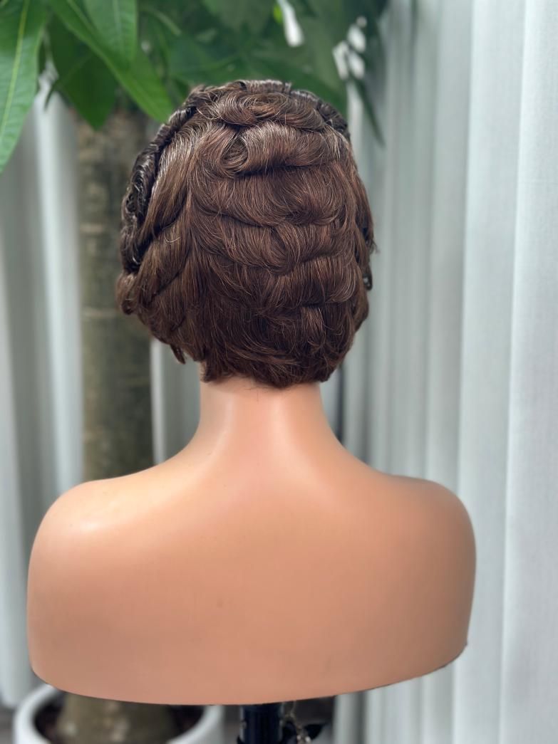 UNices Hair brown 13x4 lace modeling curly pixie wig back view