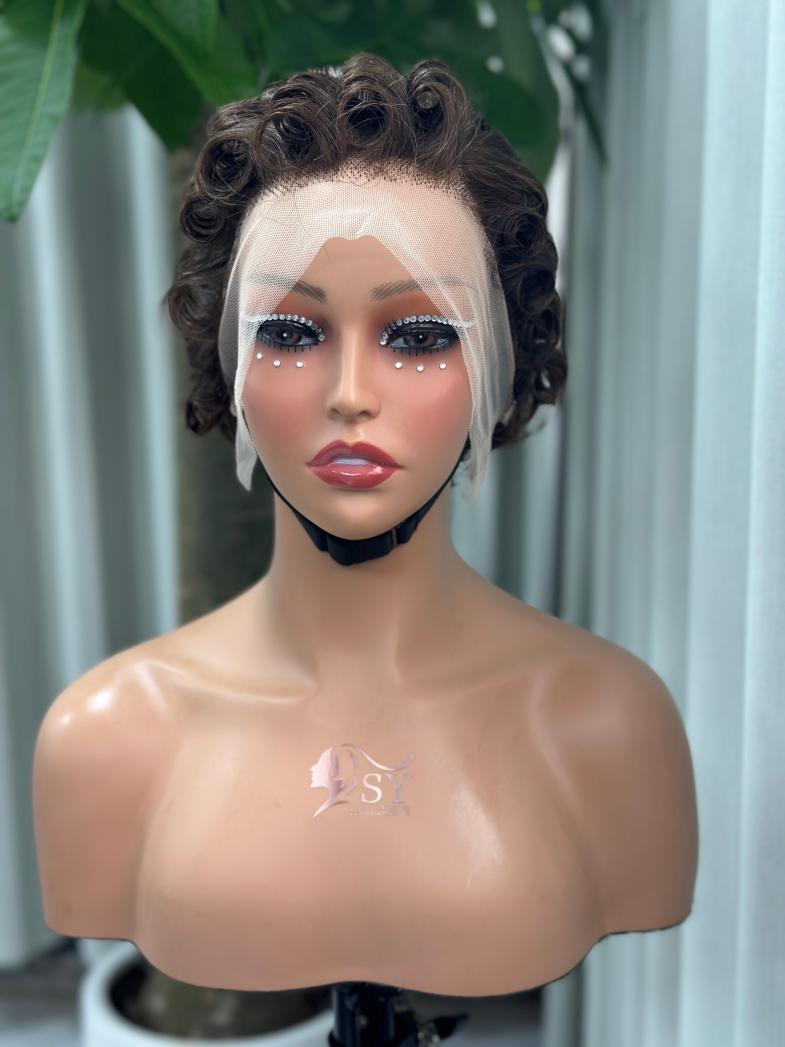 UNices Hair brown 13x4 lace modeling curly pixie wig front view