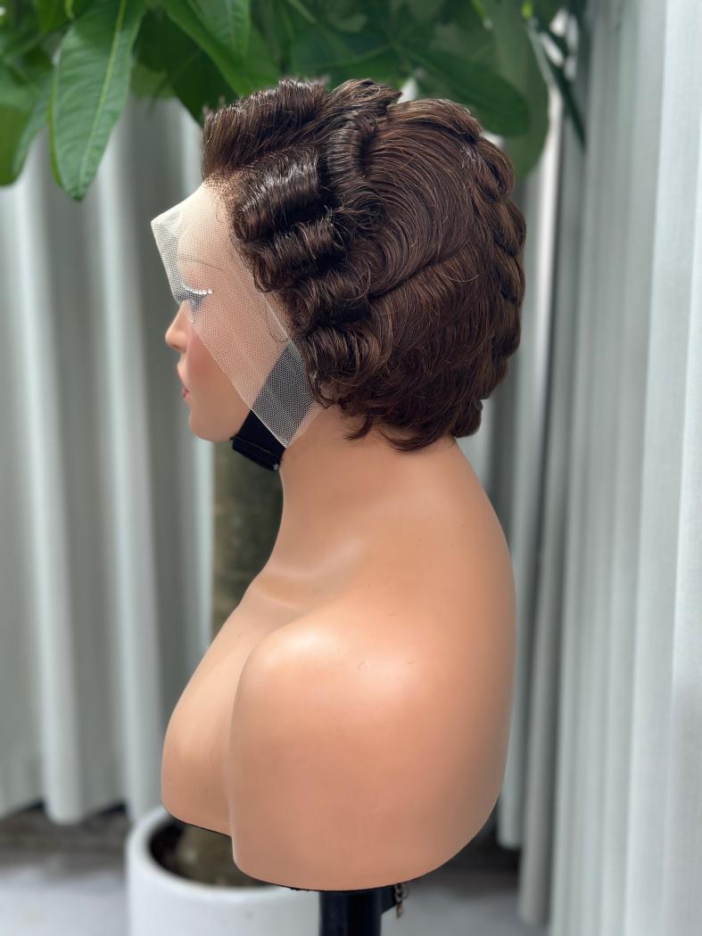 UNices Hair brown 13x4 lace modeling curly pixie wig side view