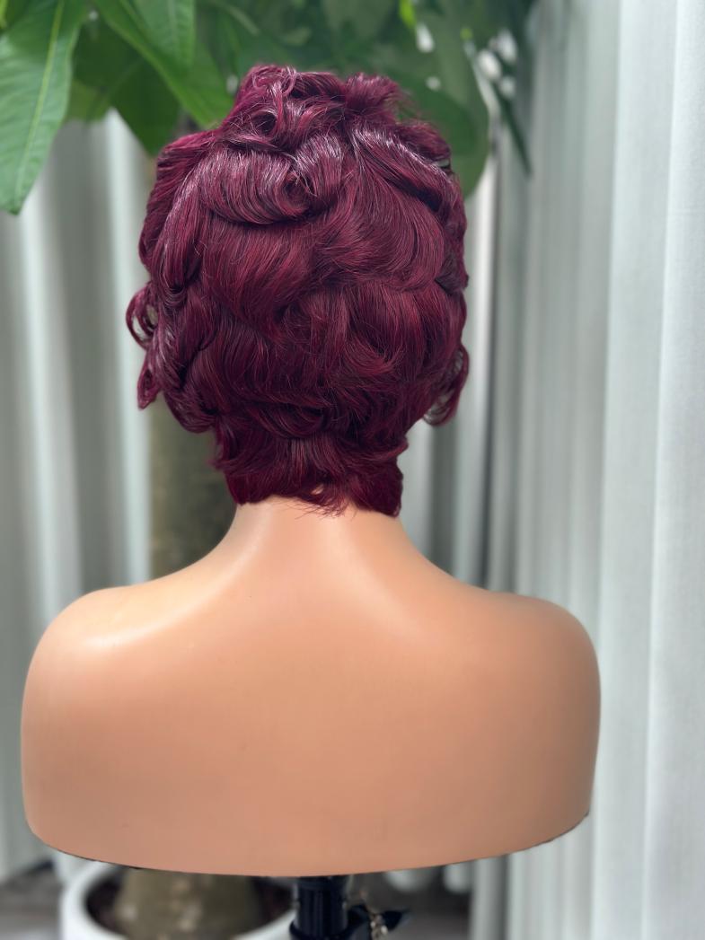 UNices Hair burgundy 13x4 lace modeling curly pixie wig back view