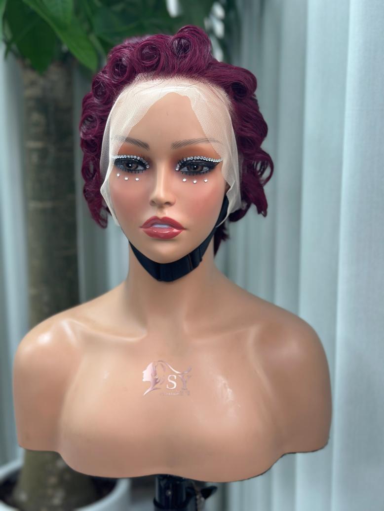 UNices Hair burgundy 13x4 lace modeling curly pixie wig side view