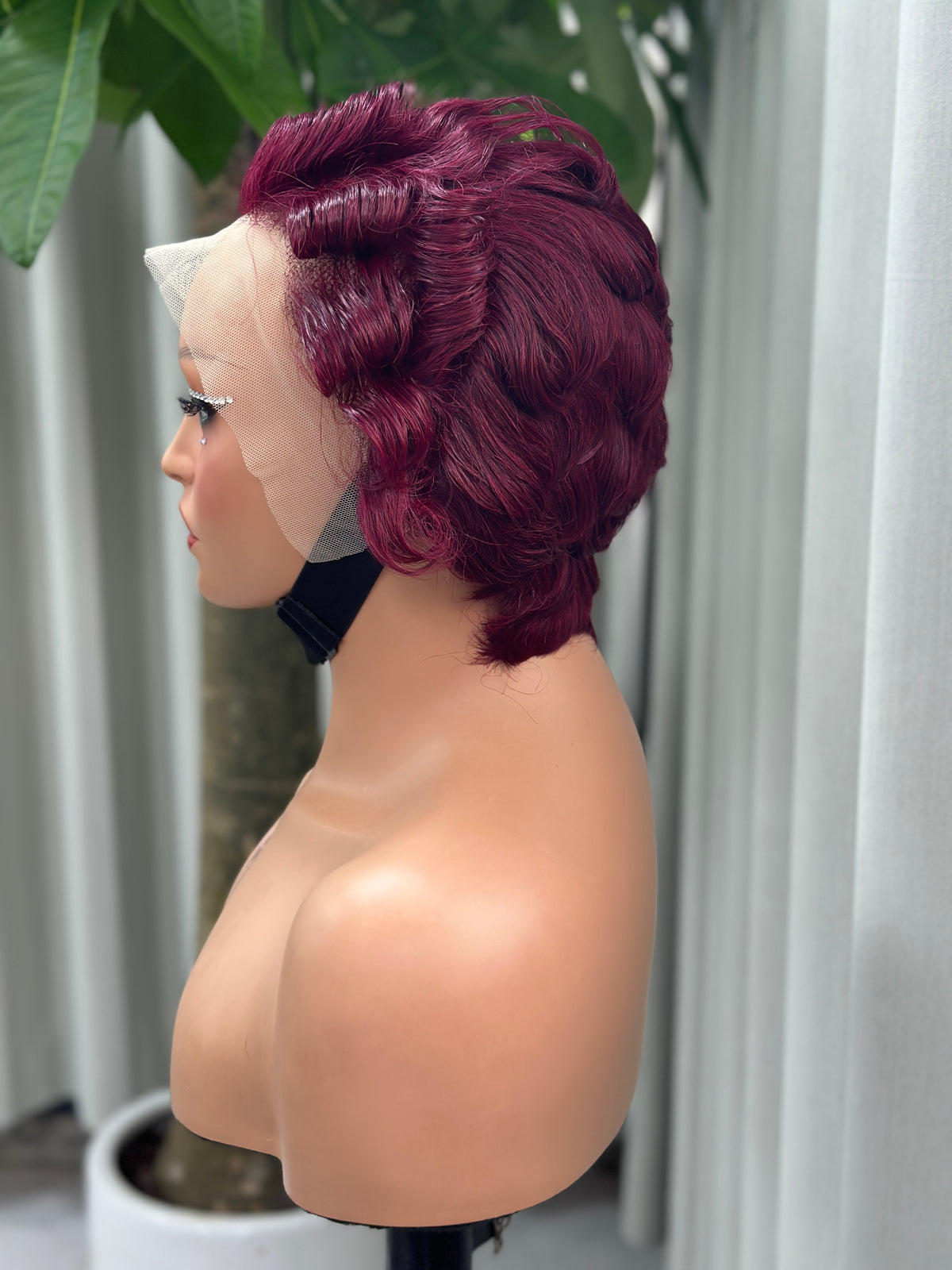 UNices Hair burgundy 13x4 lace modeling curly pixie wig back view