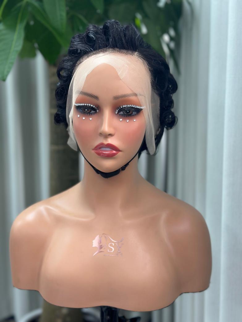 UNices Hair natural black 13x4 lace modeling curly pixie wig front view