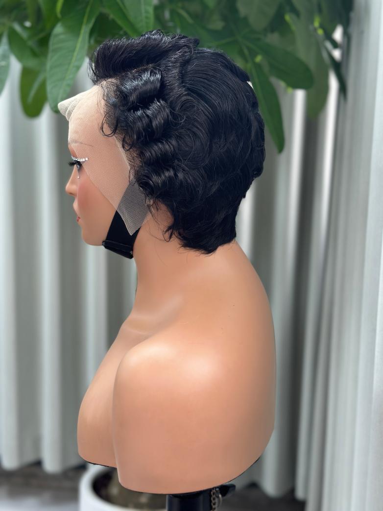 UNices Hair natural black 13x4 lace modeling curly pixie wig side view