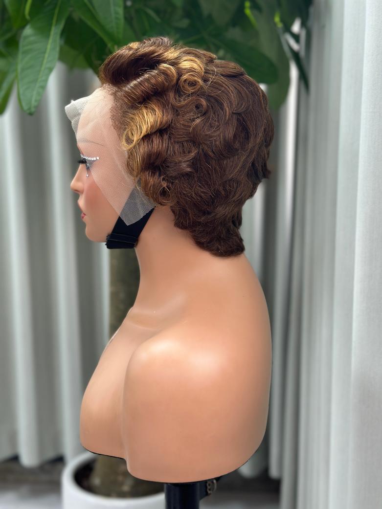 UNices Hair honey brown highlight 13x4 lace modeling curly wig side view