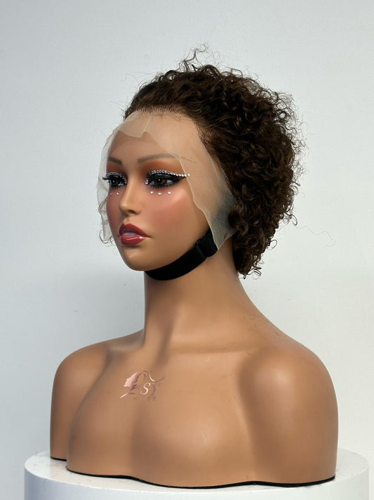 UNices Hair natural brown 13x4 lace pixie curly human hair wig front view