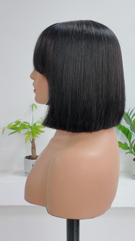 Side view of UNices Hair natural black straight bob human hair wig with bangs