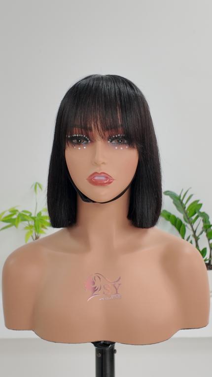 Front view of UNices Hair 8-10 inch straight bob human hair wig with bangs