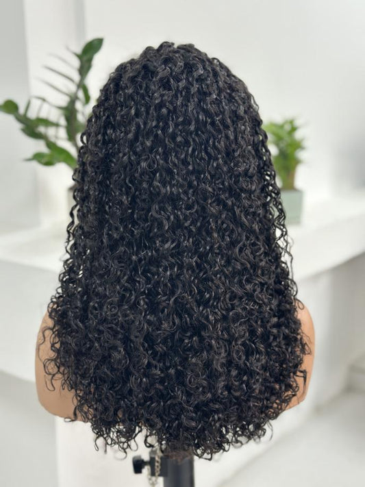 Back view of UNices Hair 20 inch 13x4 HD lace curly human hair wig in natural black