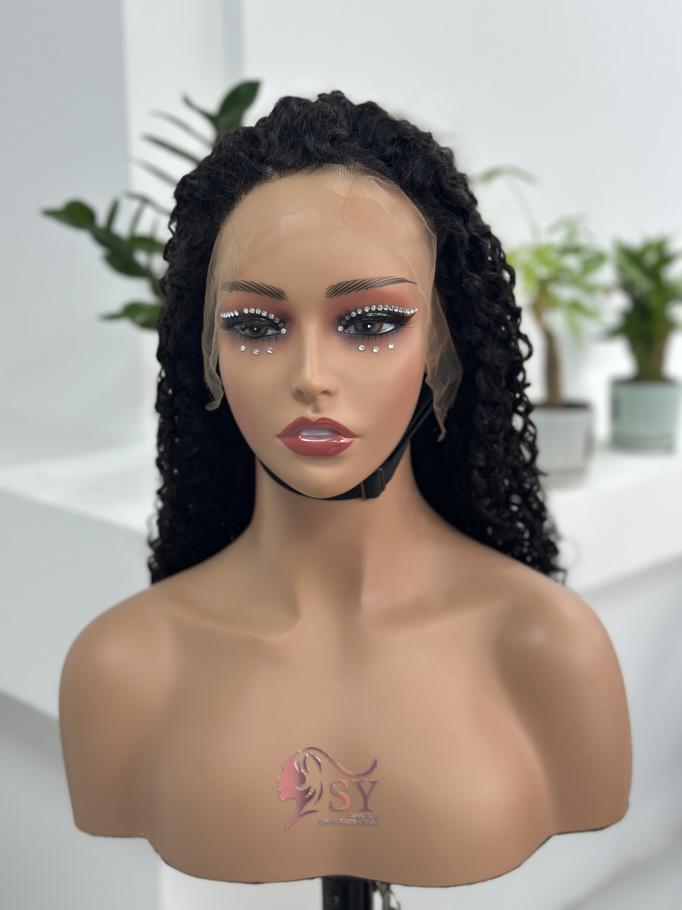 Front view of UNices Hair 20 inch 13x4 HD lace curly human hair wig in natural black